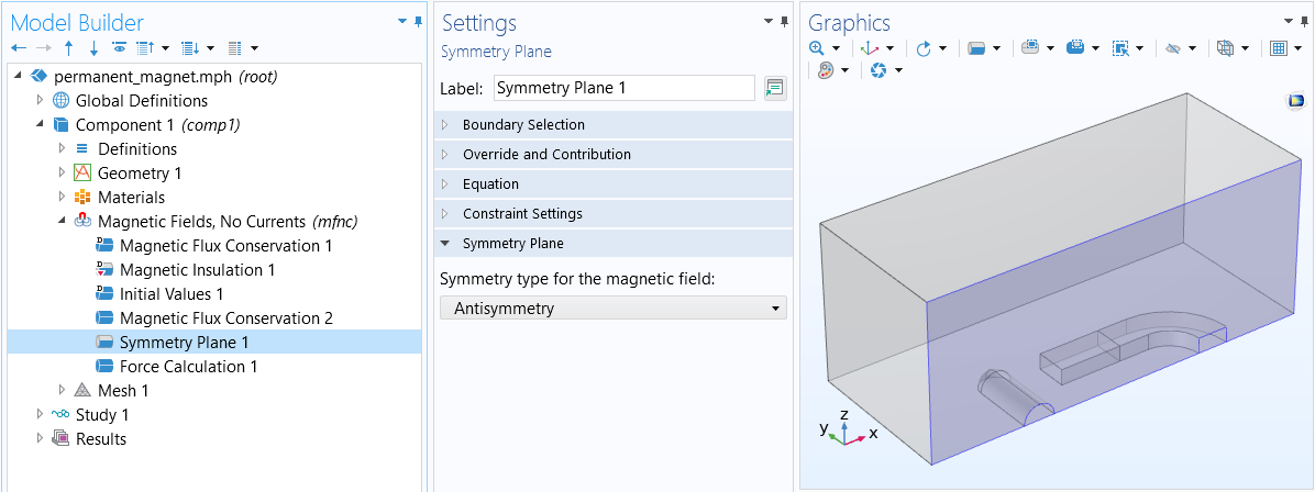 A screenshot of the Model Builder showing the Permanent Magnet tutorial model in the Graphics window and the Symmetry Plane settings.