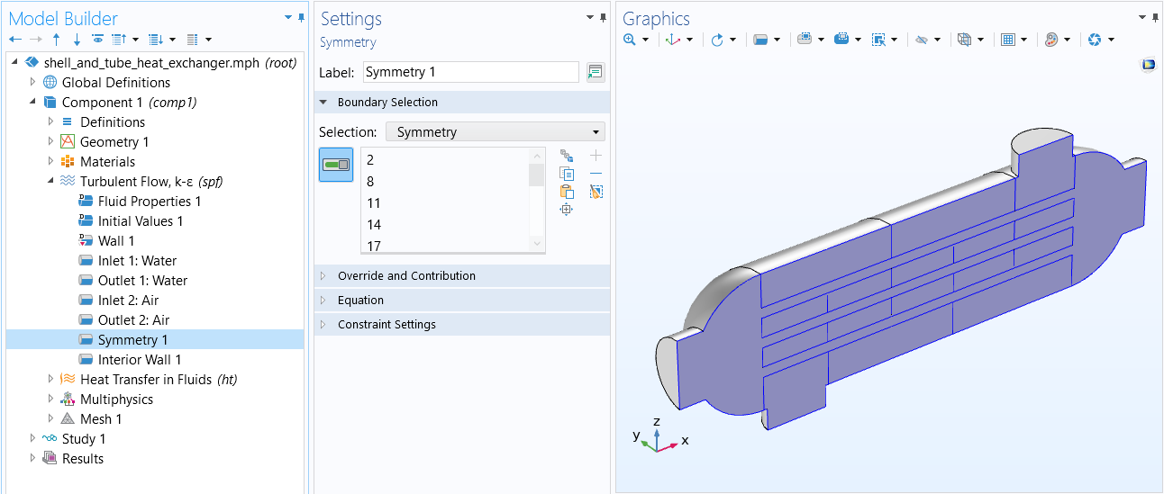 A screenshot of the Model Builder showing half of the Shell-and-Tube Heat Exchanger model in the Graphics window and the Symmetry settings.