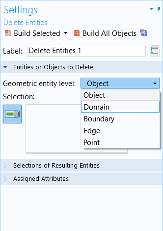 The Delete Entities Settings window showing the drop-down menu for the Geometric entity level with Object selected.