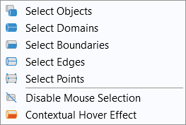 The geometric entity level options in the software for 3D, allowing you to select objects, domains, boundaries, edges, or points.