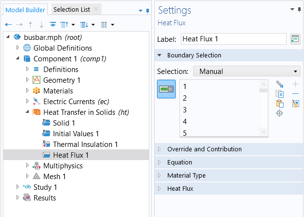 A screenshot of the Settings window for the Heat Flux window, with the Boundary Selection section expanded.