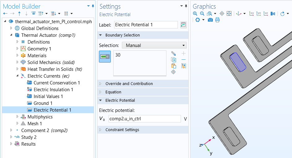 The COMSOL Multiphysics UI showing the Model Builder, the settings for the Electric Potential boundary condition, and the Graphics window.