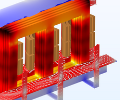 A 3D three-phase transformer model showing the carpentry, with the front halves of the three coils omitted to reveal the transformer's core.