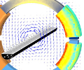 A 3D model of an instrument transformer design showing the electric fields with arrows and lines.