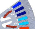 A section of a 2D model of a multimaterial topology optimization of an electric drive prototype with the elongated shape of the magnets highlighted in red.