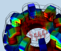 Modello di un rotore a levitazione magnetica che mostra la direzione del campo magnetico nel rotore con piccole frecce e la grandezza del campo magnetico nel rotore e nello statore in una scala di colori arcobaleno.
