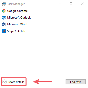 Windows® 任务管理器的屏幕截图，其中的箭头指向“更多详细信息”按钮，该按钮以红色突出显示。