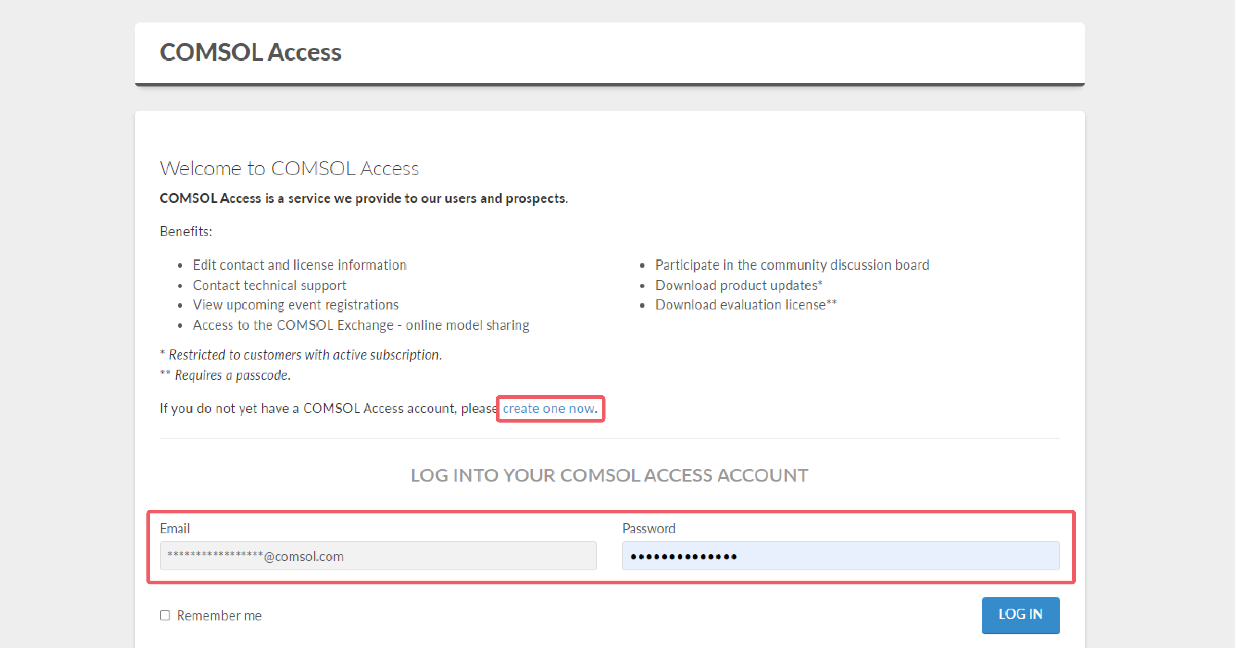 comsol.com 上 COMSOL Access 登录页面的 UI 屏幕截图显示了登录或创建新帐户的选项。