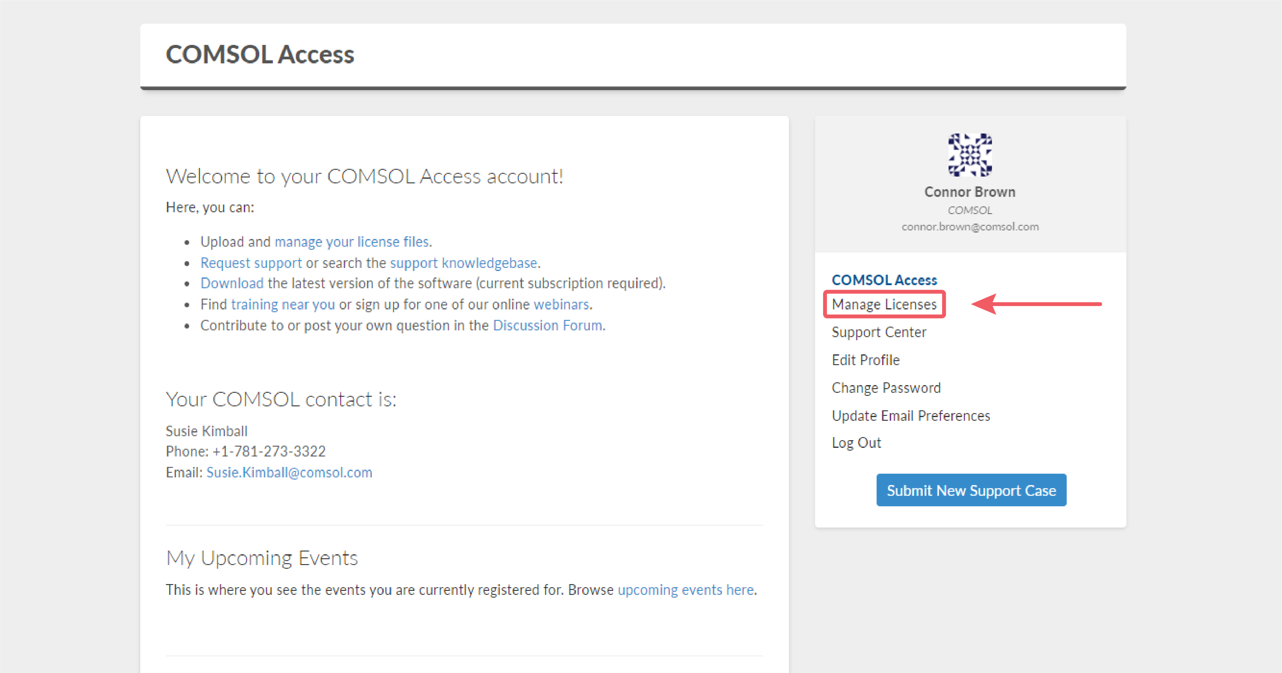 显示 COMSOL Access 帐户主页上的“管理许可证”链接的 UI 屏幕截图。