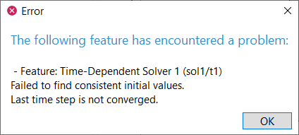 A screenshot of a Time-Dependent Solver error message that says, "Failed to find consistent initial values. Last time step is not converged.