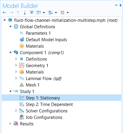 A screenshot of the COMSOL Multiphysics UI showing a stationary study step preceding a time-dependent study step in the model tree.