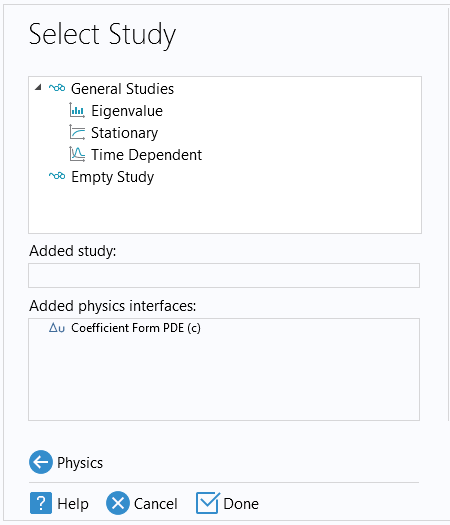 The Select Study page with the Stationary study highlighted and the Coefficient Form PDE interface listed in the Added physics interfaces field.