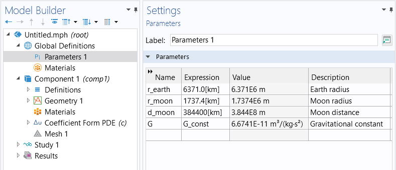 The COMSOL Multiphysics UI showing the Model Builder with Parameters 1 highlighted and the Parameters settings window.