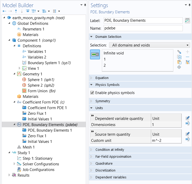 The COMSOL Multiphysics UI showing the Model Builder and PDE, Boundary Elements settings window with All domain and voids selected and domains 1 and 2 written in the text field.