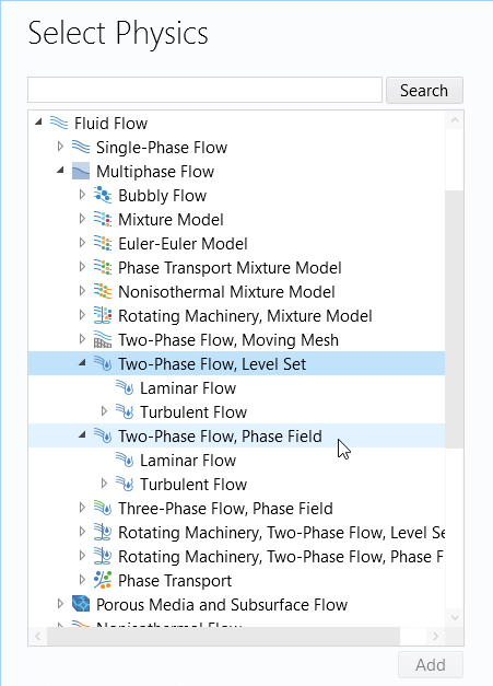 A screenshot showing a list of physics interfaces in the COMSOL Multiphysics Model Builder for modeling two-phase flow with the level set and phase field methods.