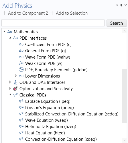 The Add Physics window with the options for PDE Interfaces and Classical PDEs expanded.