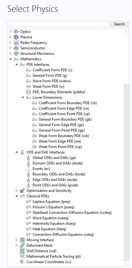 The Mathematics interfaces listed in the Select Physics window of the Model Wizard.