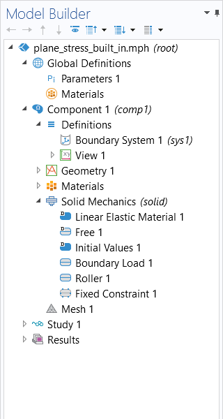 The Model Builder window with Solid Mechanics expanded.