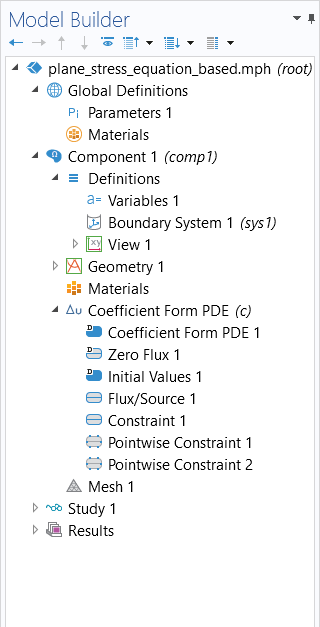 The Model Builder window with Coefficient Form PDE expanded.