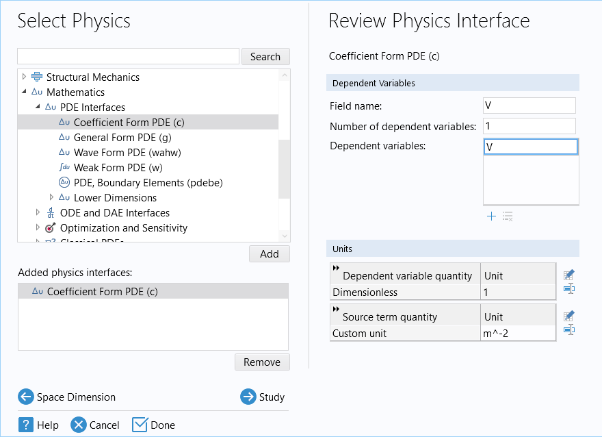 The Select Physics window with Coefficient Form PDE selected and the corresponding Review Physics Interface window.