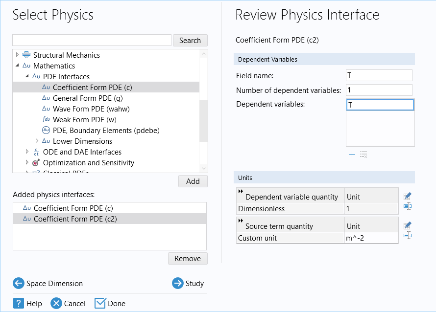 The Select Physics window showing that a second Coefficient Form PDE has been added and the corresponding Review Physics Interface window.