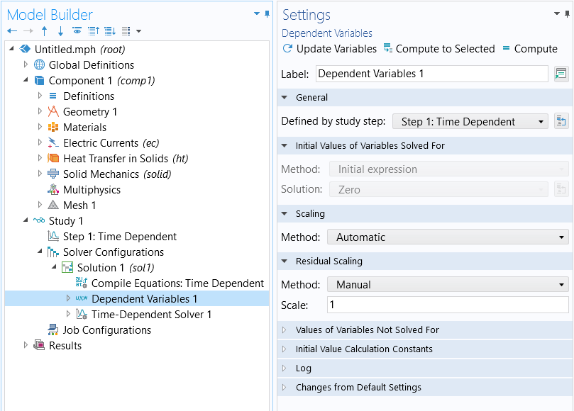 A screenshot of the Settings window for the Dependent Variables node, with the General, Initial Values of Variables Solved For, Scaling, and Residual Scaling sections expanded.