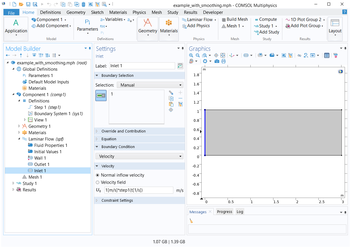 A screenshot of the Inlet Settings window, with the Boundary Condition section expanded to show the velocity settings for a fluid flow model.