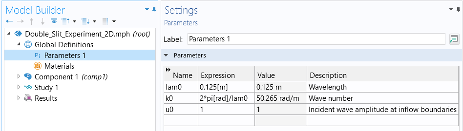 The Model Builder window with Parameters 1 selected and the corresponding Settings window showing the parameter names, expressions, values, and descriptions.