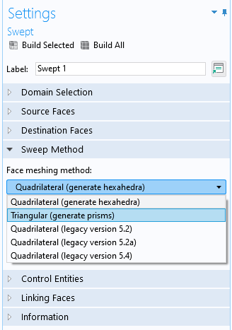 A screenshot of the COMSOL Multiphysics user interface showing the face meshing method options in the Swept operation settings.