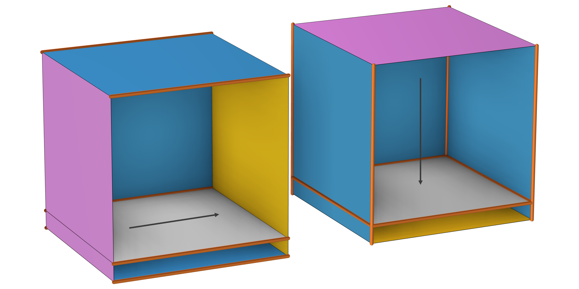 Two images of a block geometry with two arrows pointing in the different possible directions that a Swept mesh operation can take.