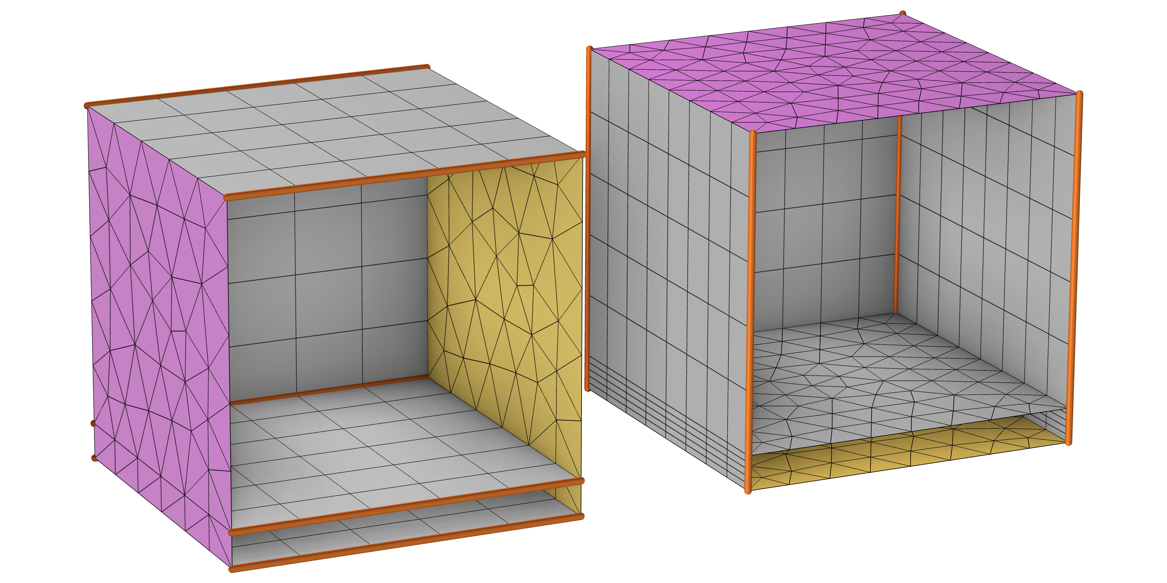 Two images of a block geometry meshed with different sweep directions; in the left image, the left face of the block is purple, and the right face of the block is orange. In the right image, the top face of the block is purple, and the bottom face of the block is orange.