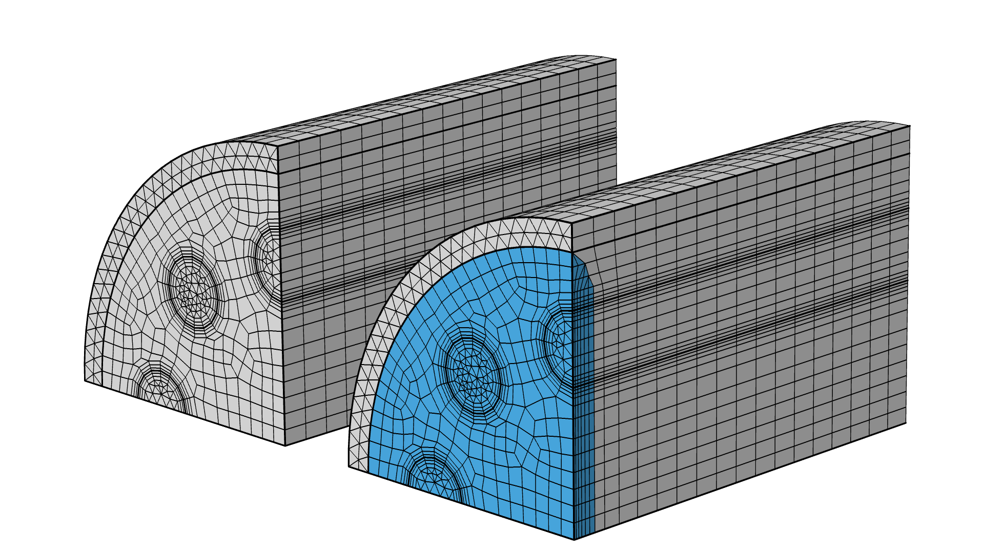 Two side-by-side figures of the Steam Reformer tutorial model geometry showing the inserted boundary layer mesh highlighted in blue on the right.