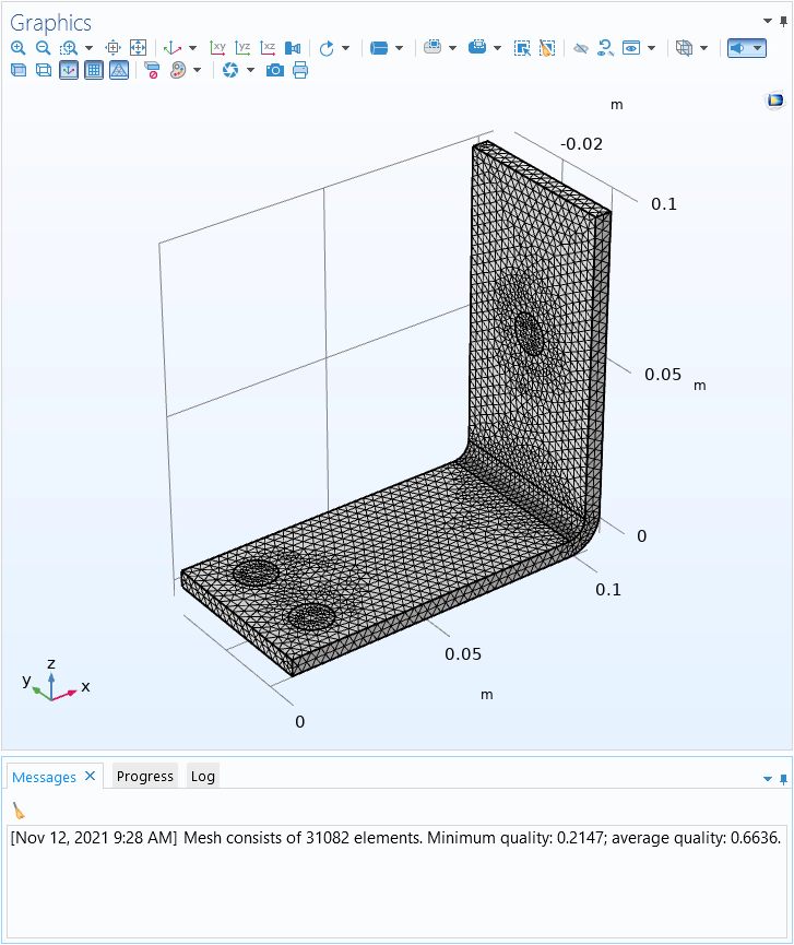 The Statistics button highlighted on the Mesh ribbon tab above the Graphics window in the COMSOL Multiphysics model builder, showing a meshed busbar model.