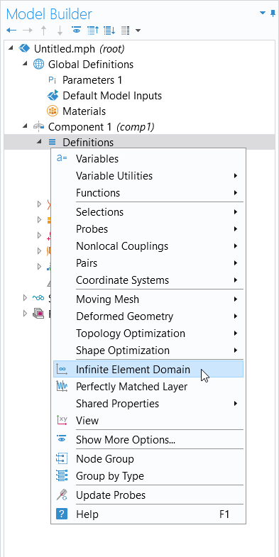 A screenshot of the model tree in COMSOL Multiphysics with the Definitions node selected and its options list expanded.