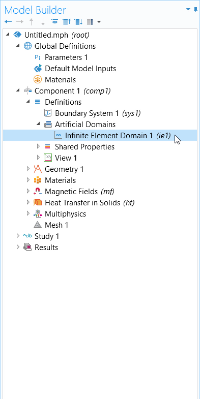 A screenshot of the Infinite Element Domain feature under the Definitions node in the model tree.