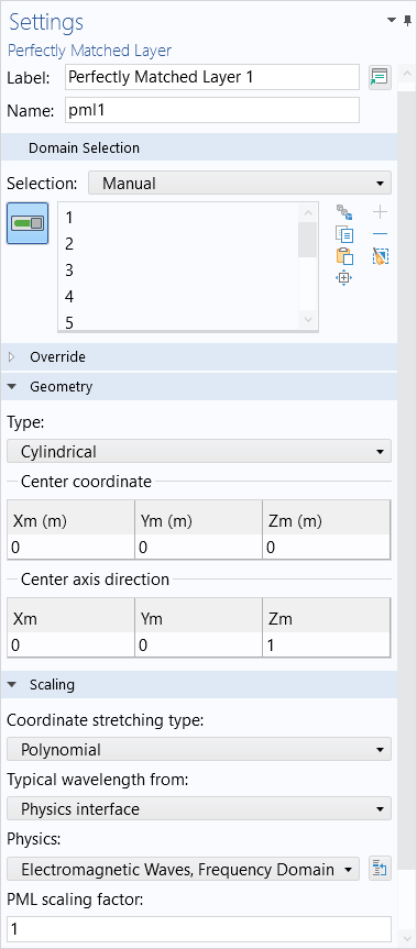 A screenshot of the Perfectly Matched Layer Settings window with the Geometry and Scaling sections expanded.