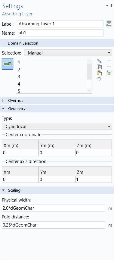 A screenshot of the Absorbing Layer Settings window with the Geometry and Scaling sections expanded.
