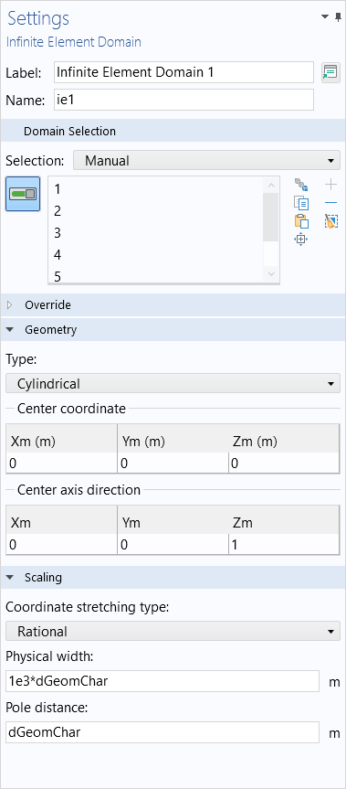 A screenshot of the Infinite Element Domain Settings window with the Geometry and Scaling sections expanded.