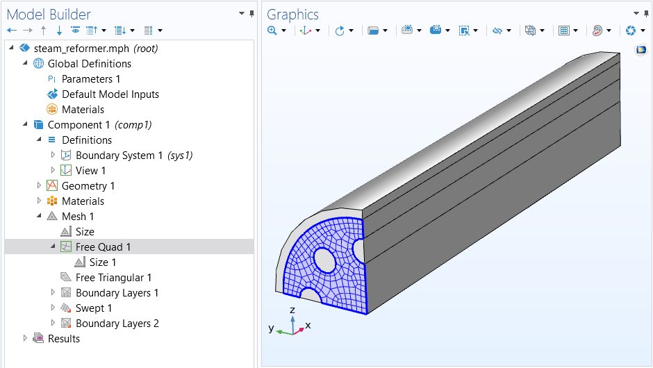 A screenshot of the COMSOL Multiphysics user interface showing the mesh operations used previous to the Swept operation to premesh several source faces in the steam reformer tutorial model geometry.