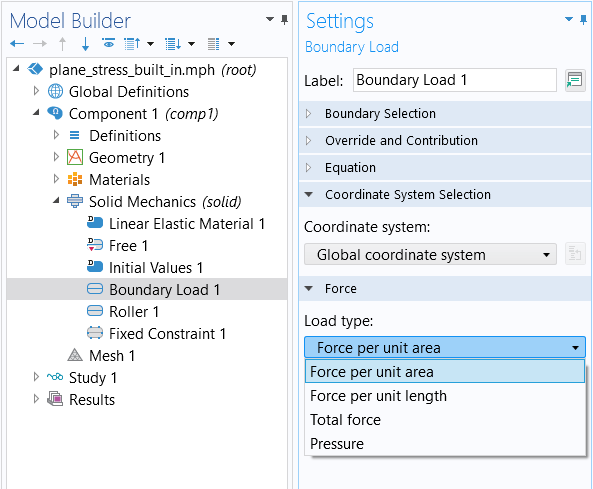 The Model Builder with the Boundary Load boundary condition selected and the corresponding Settings window showing the expanded list for the Load type setting.