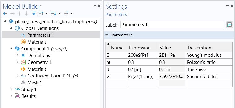 The Model Builder window with Parameters selected and the corresponding Settings window showing the table under the Parameters section.