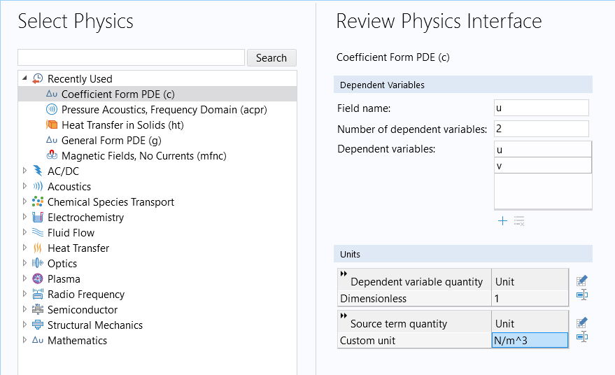 The Select Physics window with the Coefficient Form PDE interface selected and the Review Physics Interface window.
