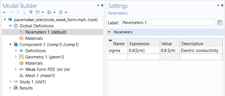 The Model Builder with the Parameters node selected and the corresponding Settings window showing the Parameters table.