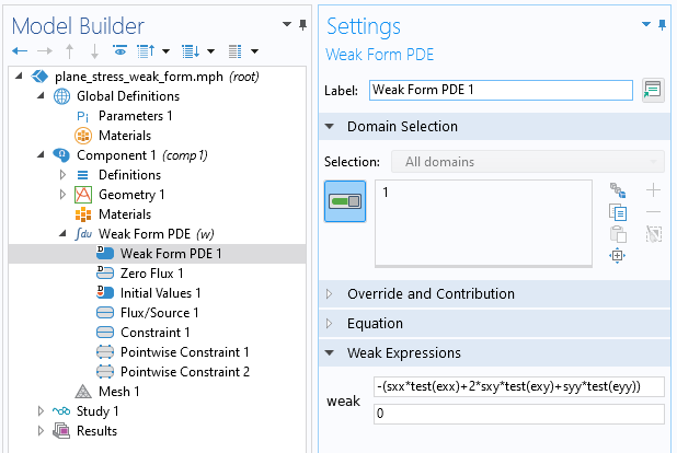 The Model Builder window with the Weak Form PDE interface selected and the corresponding Settings window with the Weak Expressions section expanded.
