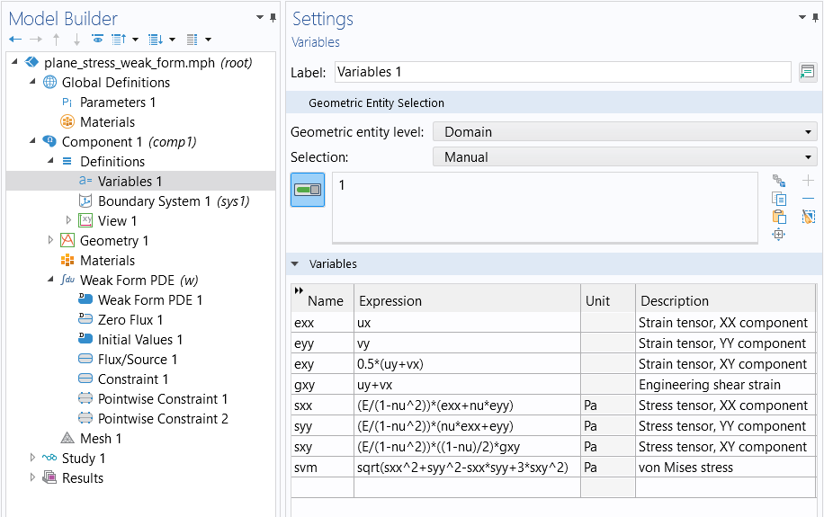 The Model Builder with the Variables node selected and the corresponding Settings window showing the variable names, expressions, units, and descriptions.