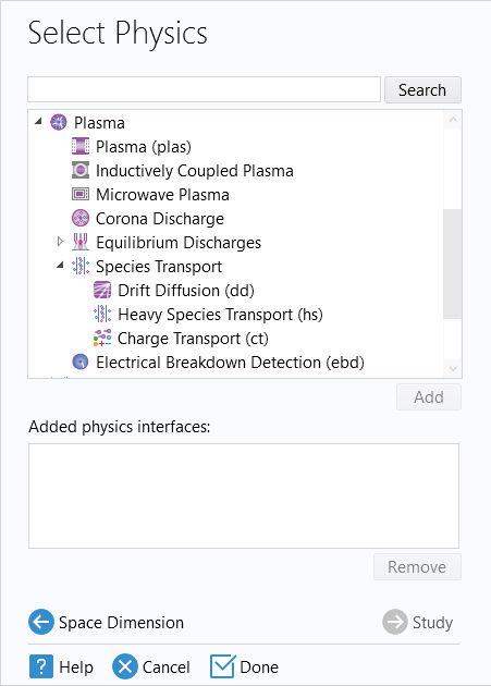 The Select Physics window showing the interfaces for modeling plasma.
