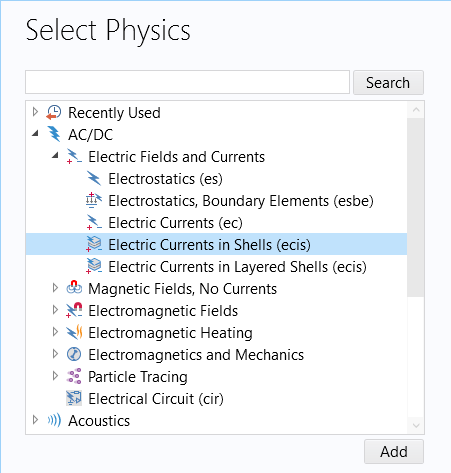 The Select Physics window with the Electric Currents in Shells interface selected.