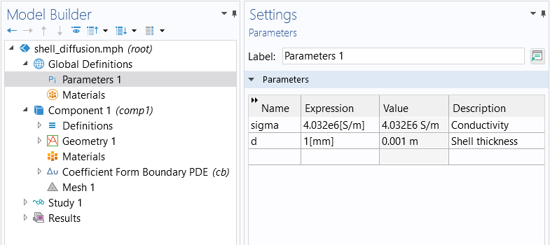 The Model Builder with Parameters selected and the corresponding Settings window with a table showing the parameter names, expressions, values, and descriptions.