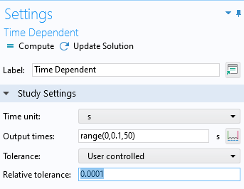 A close-up of the Study Settings section in the Settings window for the Time Dependent study, showing the Relative tolerance value.