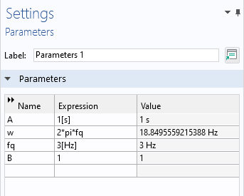 A close-up of the Parameters Settings window showing the parameter names, expressions, and values.